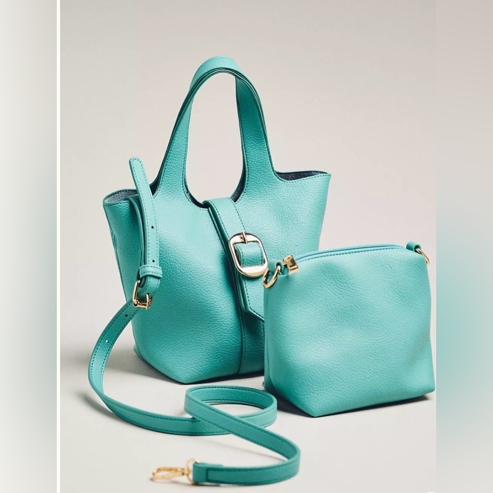 Anthropologie Pebbled Mini Bucket Bag Green - Picture 2 of 5